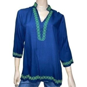 Escapada Women’s Size M Navy Blue Green Embroidered Pullover Caftan Top Blouse